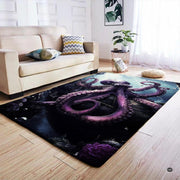 Full room decor styling showcasing the dramatic marine fantasy octopus floor mat centerpiece. - thumbnail image 7 of 7