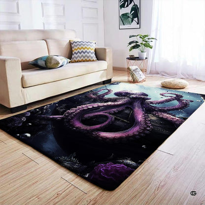 Full room decor styling showcasing the dramatic marine fantasy octopus floor mat centerpiece. - thumbnail image 7 of 7