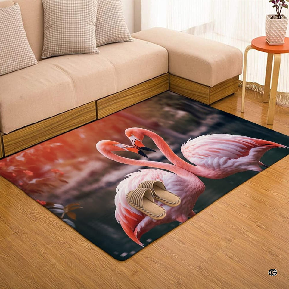 Pink flamingo heart sunset living room area rug with two courting flamingos forming a heart silhouette