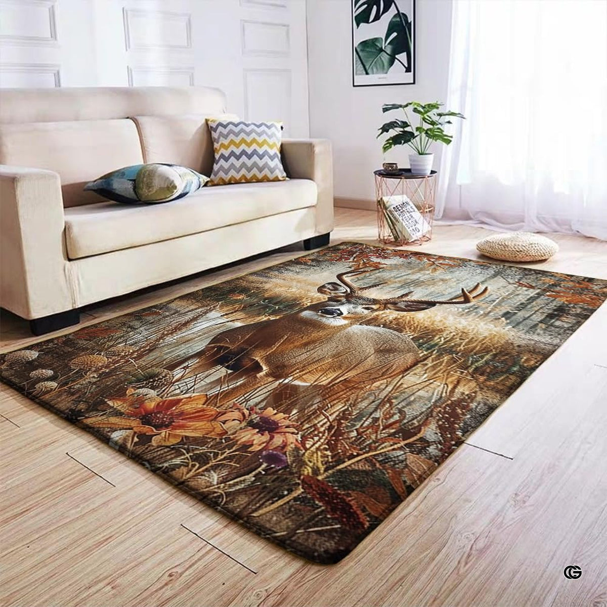Anti-slip dot backing and clean hemmed edge stitching on meadow deer buck rug - image 4 of 7
