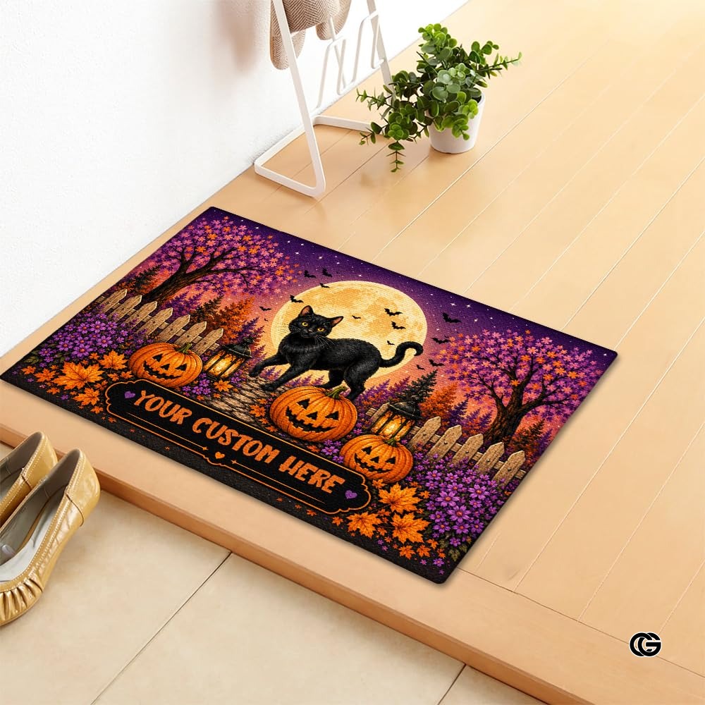 Halloween Door Mat Outdoor, Custom Spooky Welcome Mat with Black Cat and Pumpkin, Fall Front Door Mat for Porch Entryway Decor #4