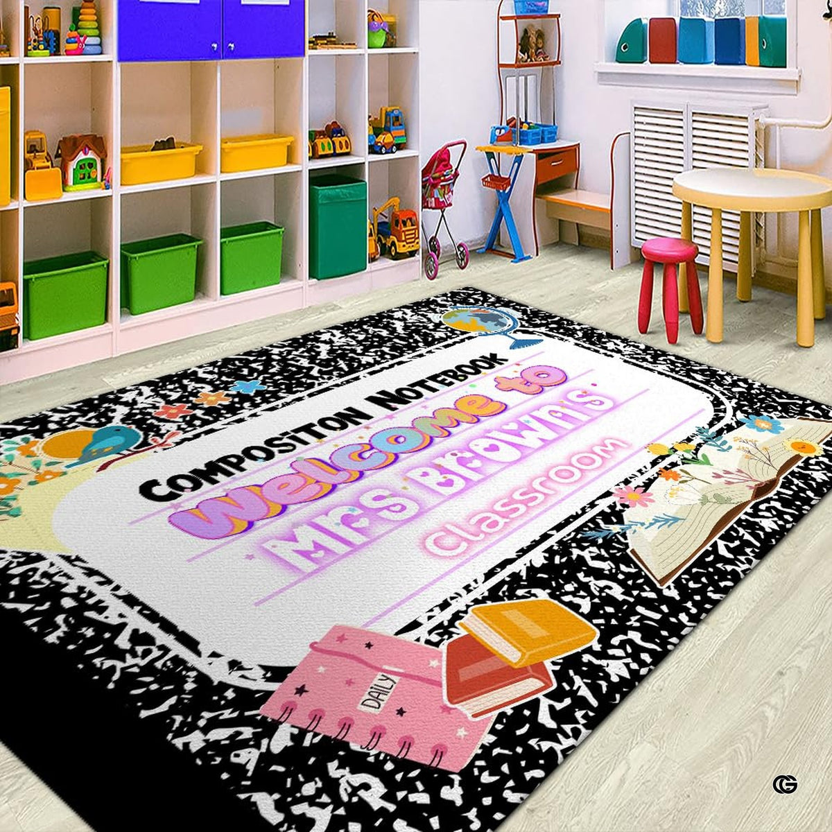 Angled display of scholastic motif rug grounding an organized study and reading room aesthetic.