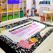 Angled display of scholastic motif rug grounding an organized study and reading room aesthetic. - thumbnail image 6 of 8