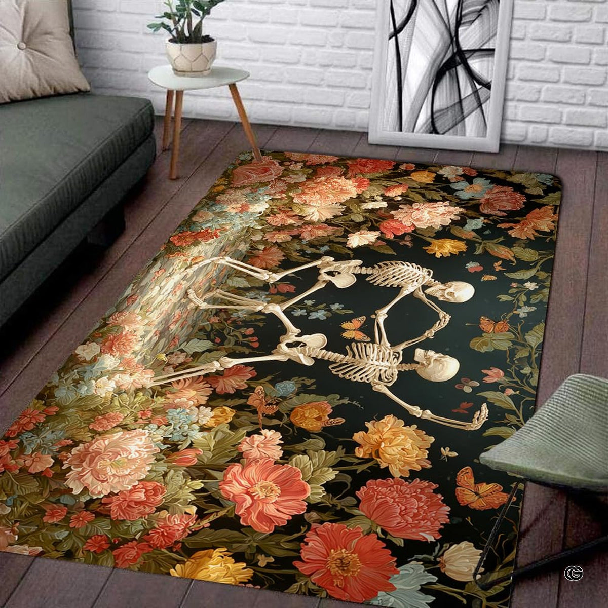 Bright sunlit room setting featuring the romantic dancing skeletons area rug