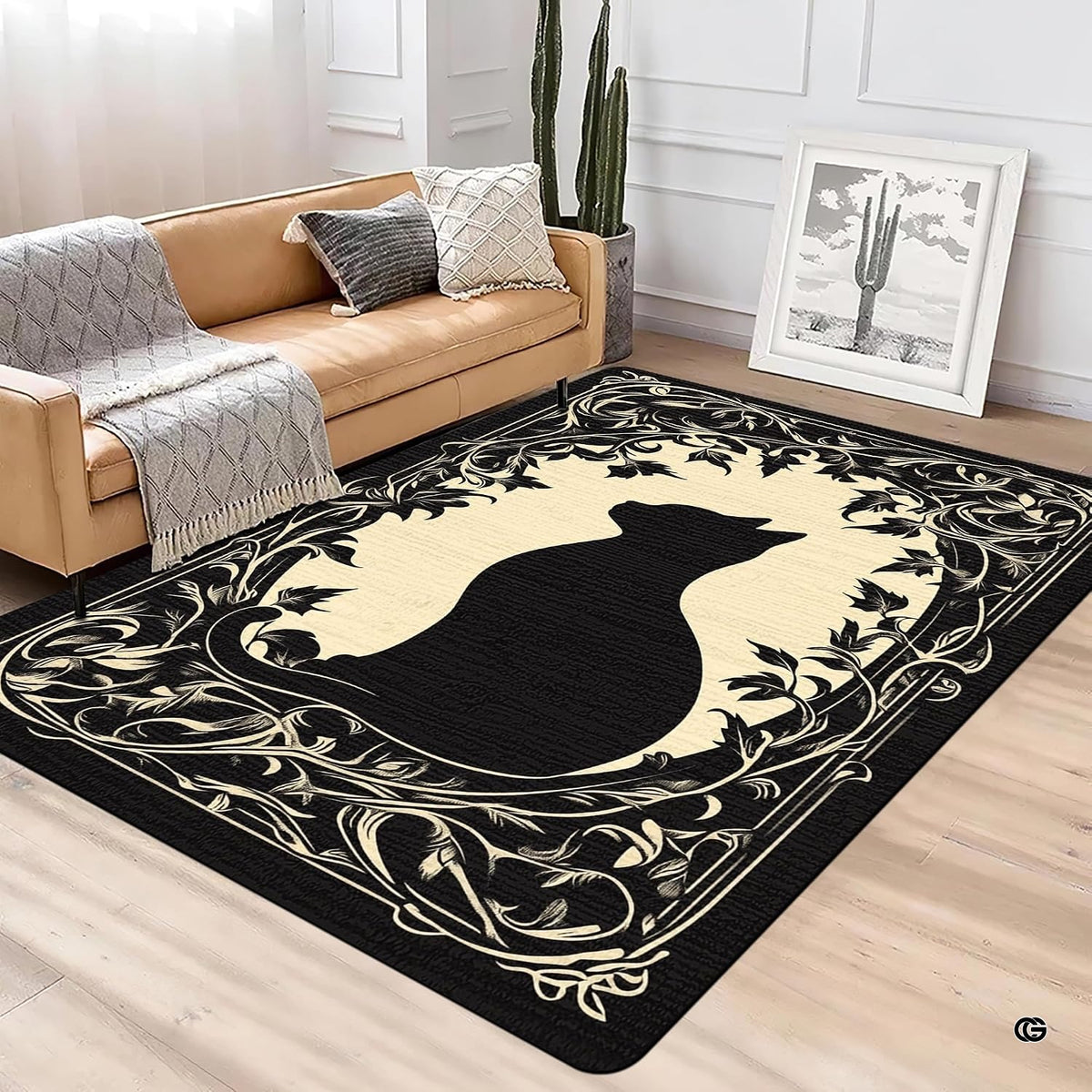 Living room setting styled with black cat area rug under dark wood table.