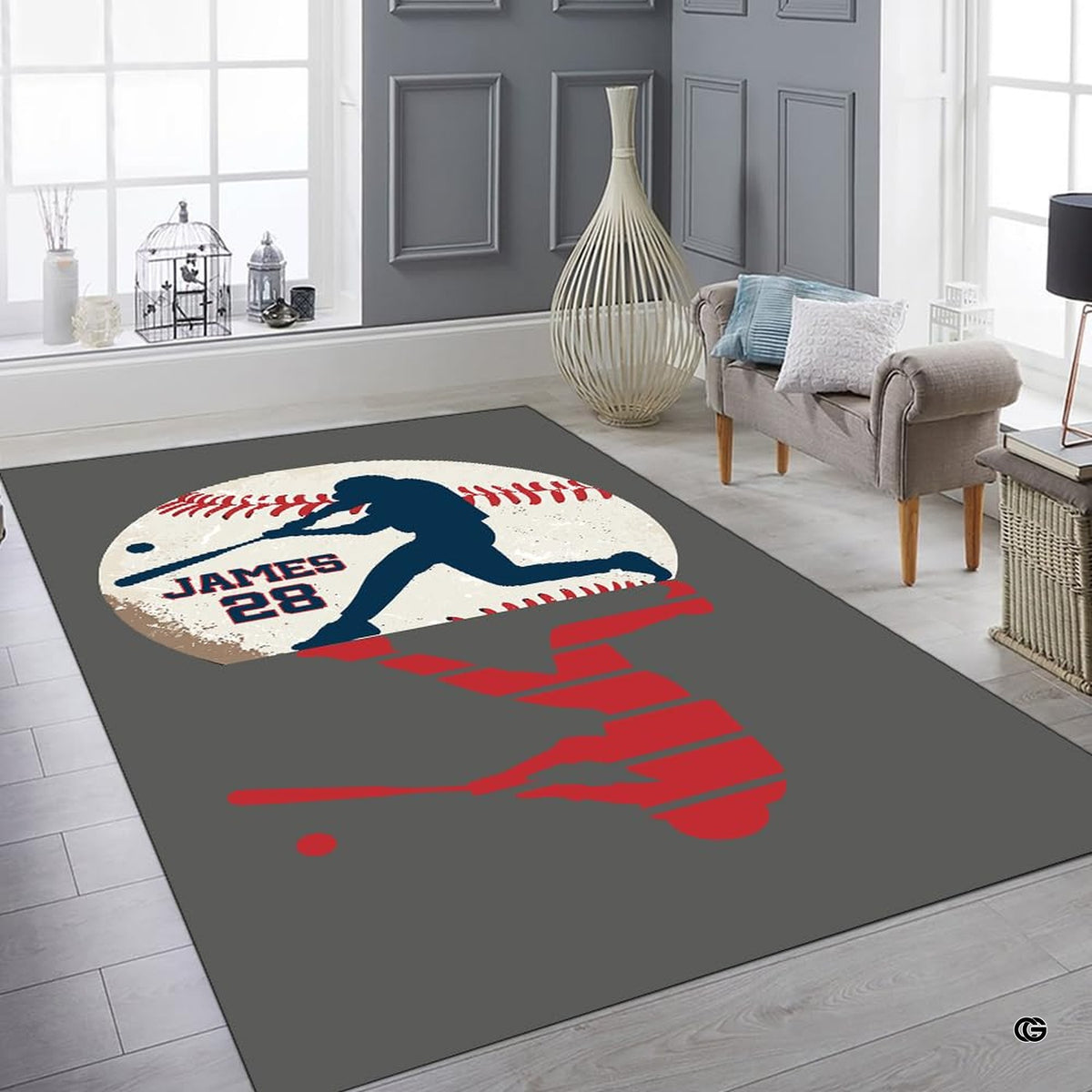 Baseball floor rug featuring mirrored red shadow illustration for sports den decor. - image 6 of 7