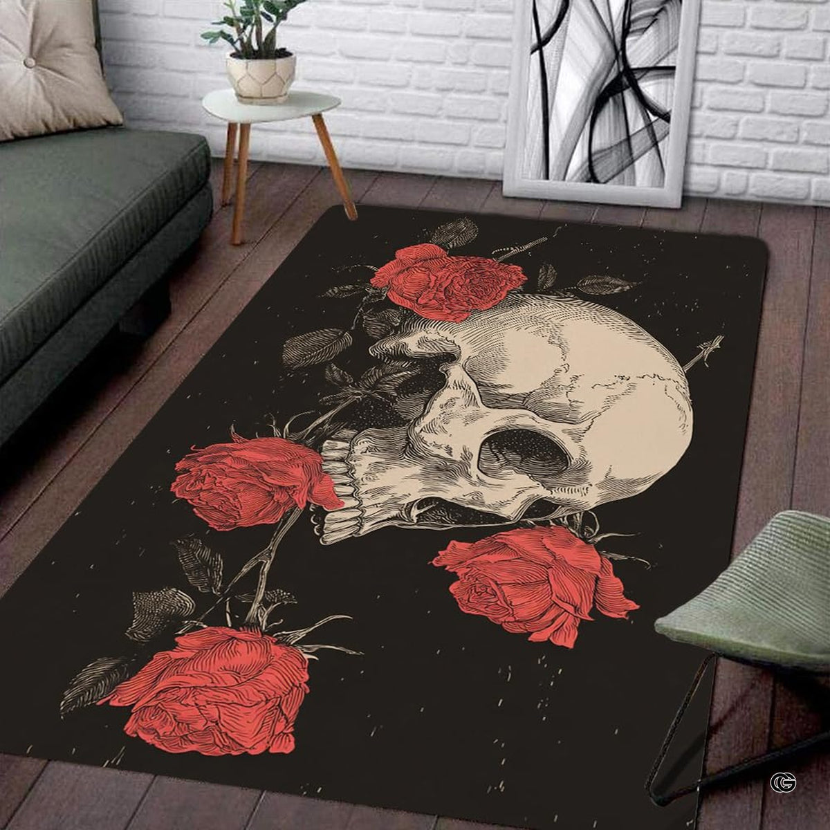 Patio setting with wicker seating displaying the gothic rose and skull area rug - image 8 of 8