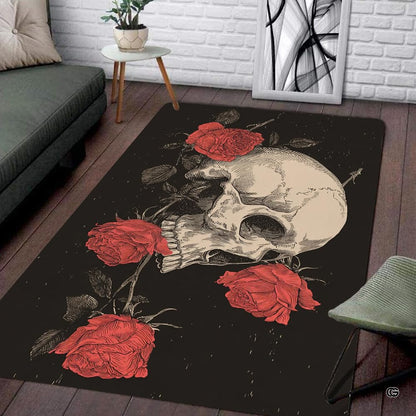 Patio setting with wicker seating displaying the gothic rose and skull area rug - thumbnail image 8 of 8