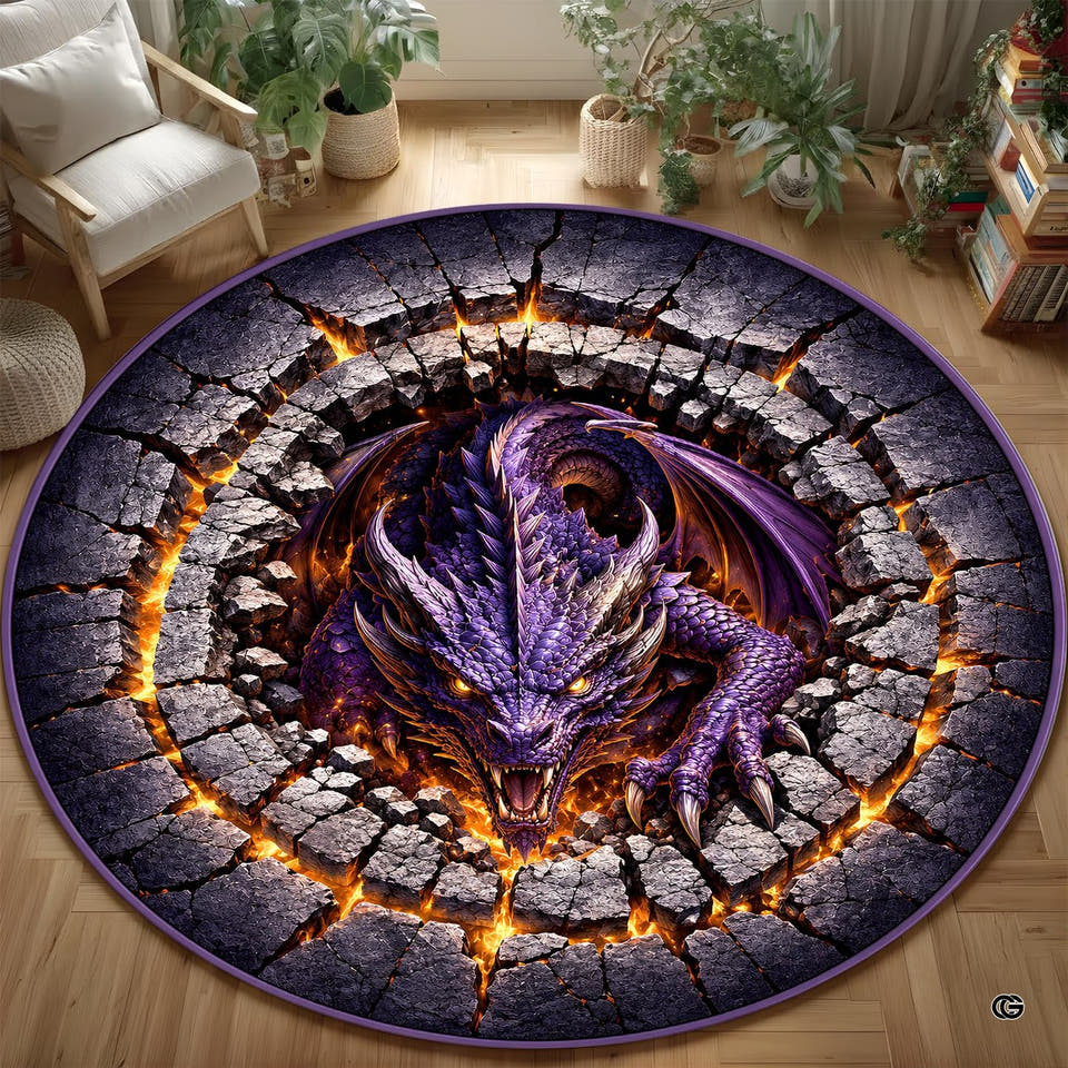 Round purple dragon rug emerging through a lava crater
