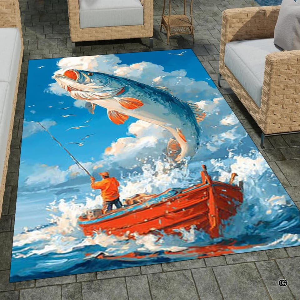 Deep sea fishing boat area rug displaying leaping ocean fish centered between patio chairs.
