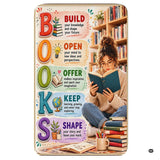 Classroom library rug displaying bookshelves, desktop globe, and reading nook area acrostic lettering.