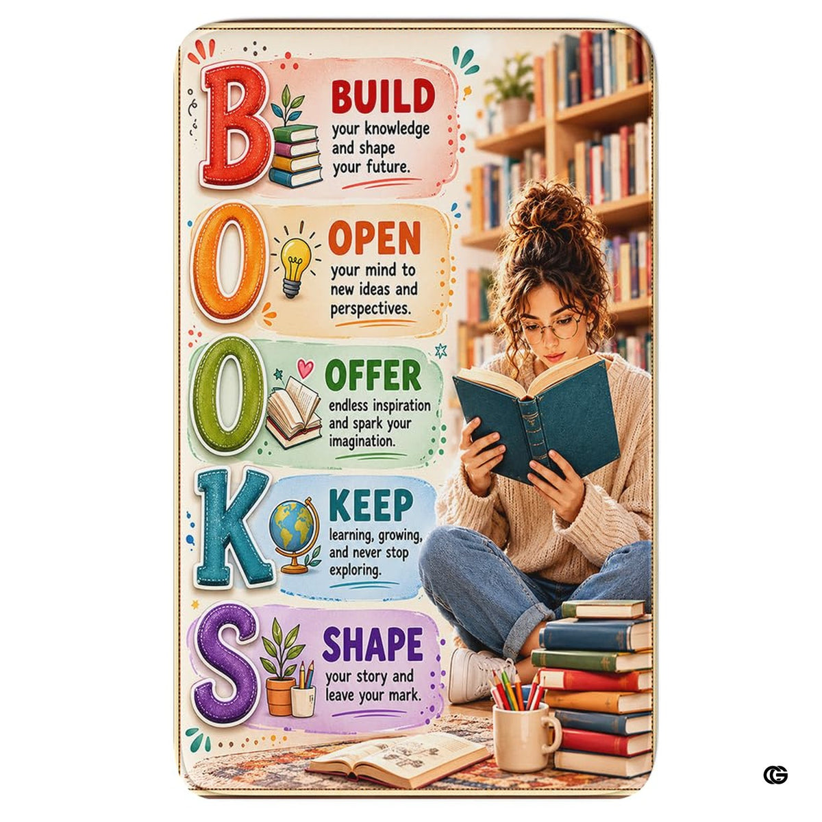 Classroom library rug displaying bookshelves, desktop globe, and reading nook area acrostic lettering. - image 1 of 3