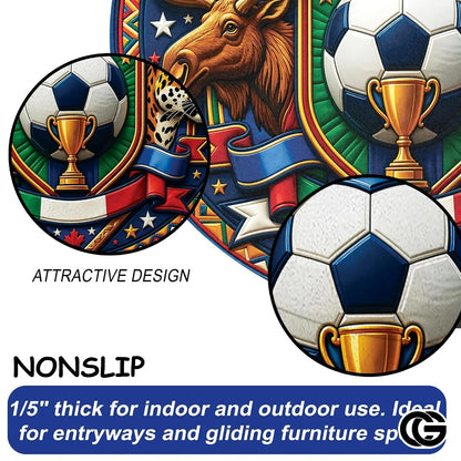 Custom Soccer Championship Round Rug with World Flags and Trophy