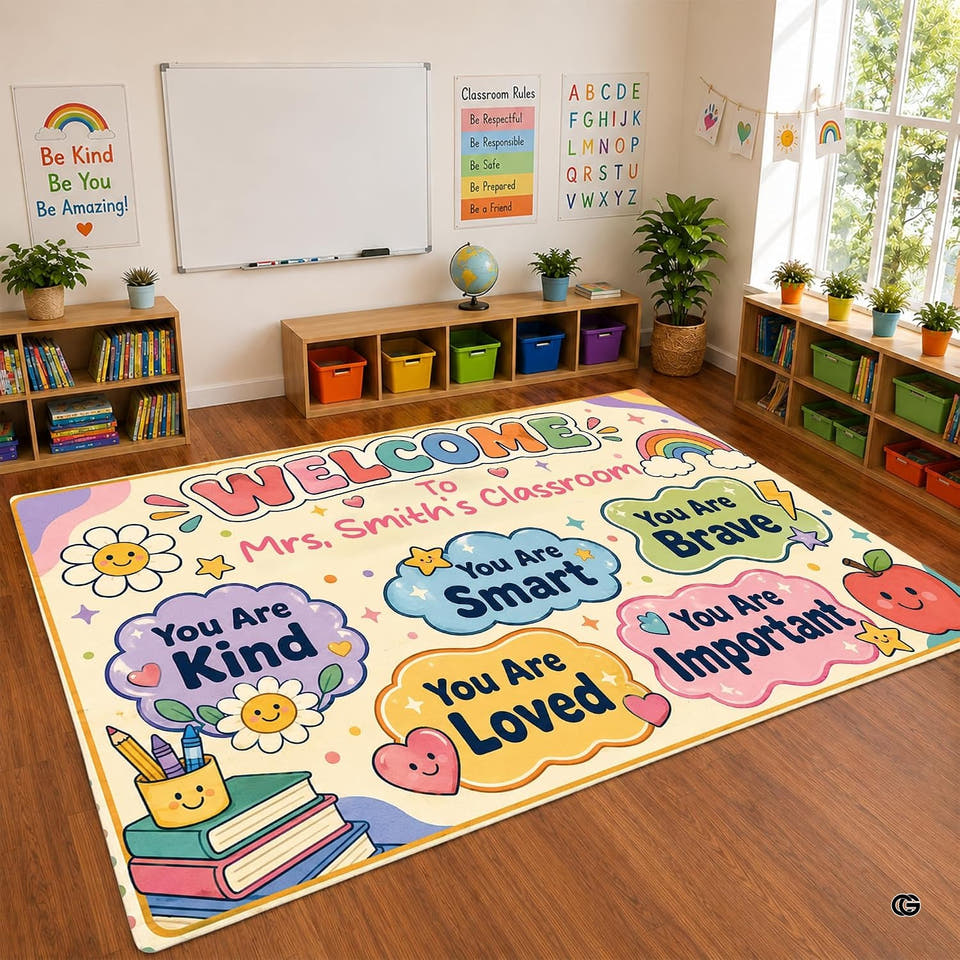 Classroom area rug abc learning carpet centered in preschool study room with alphabet letter blocks