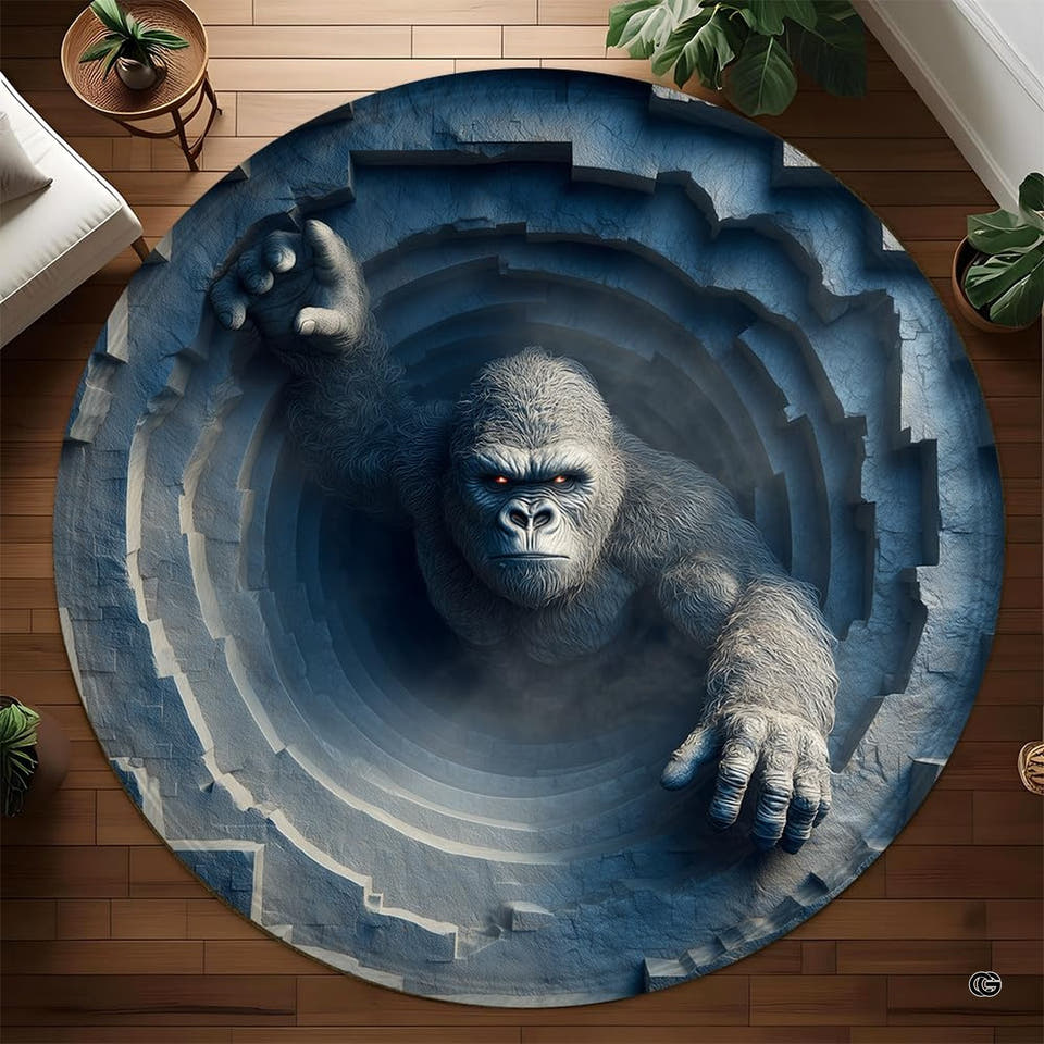 Round Yeti rug climbing from a blue spiral stone shaft