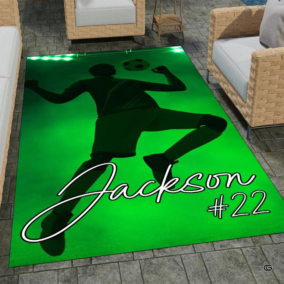 Overhead layout showing soccer ball action shot and stadium illumination art on the rug decorative accent.