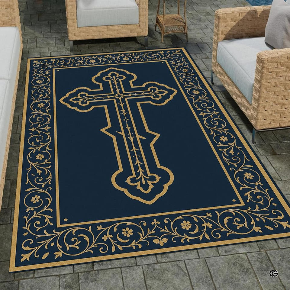 Custom Christian Rug with Name – Inspirational Faith Floral Area Carpet, Non-Skid Floor Mat for Bedroom, Living Room, Church Decor, Housewarming (Corss Faith 04)