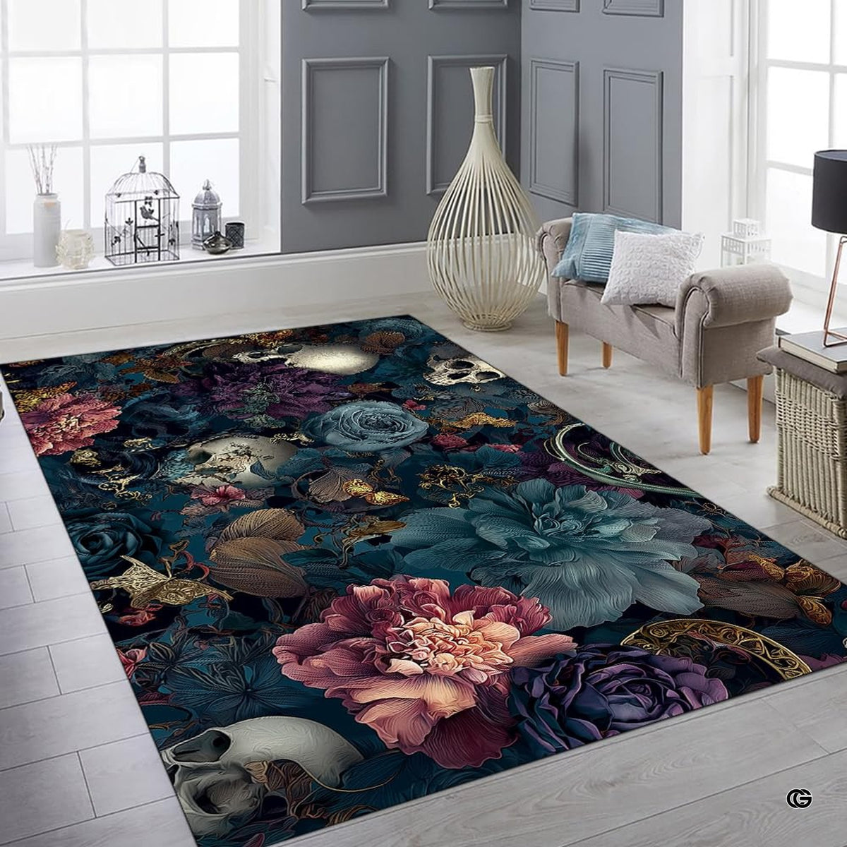 Patio setting with wicker seating displaying the dark floral area rug - image 8 of 8