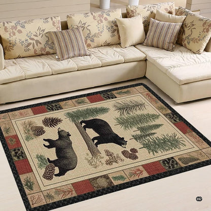 Close-up of rustic area rug showing black bear artwork and detailed pine branch illustrations on beige ground. - thumbnail image 2 of 5