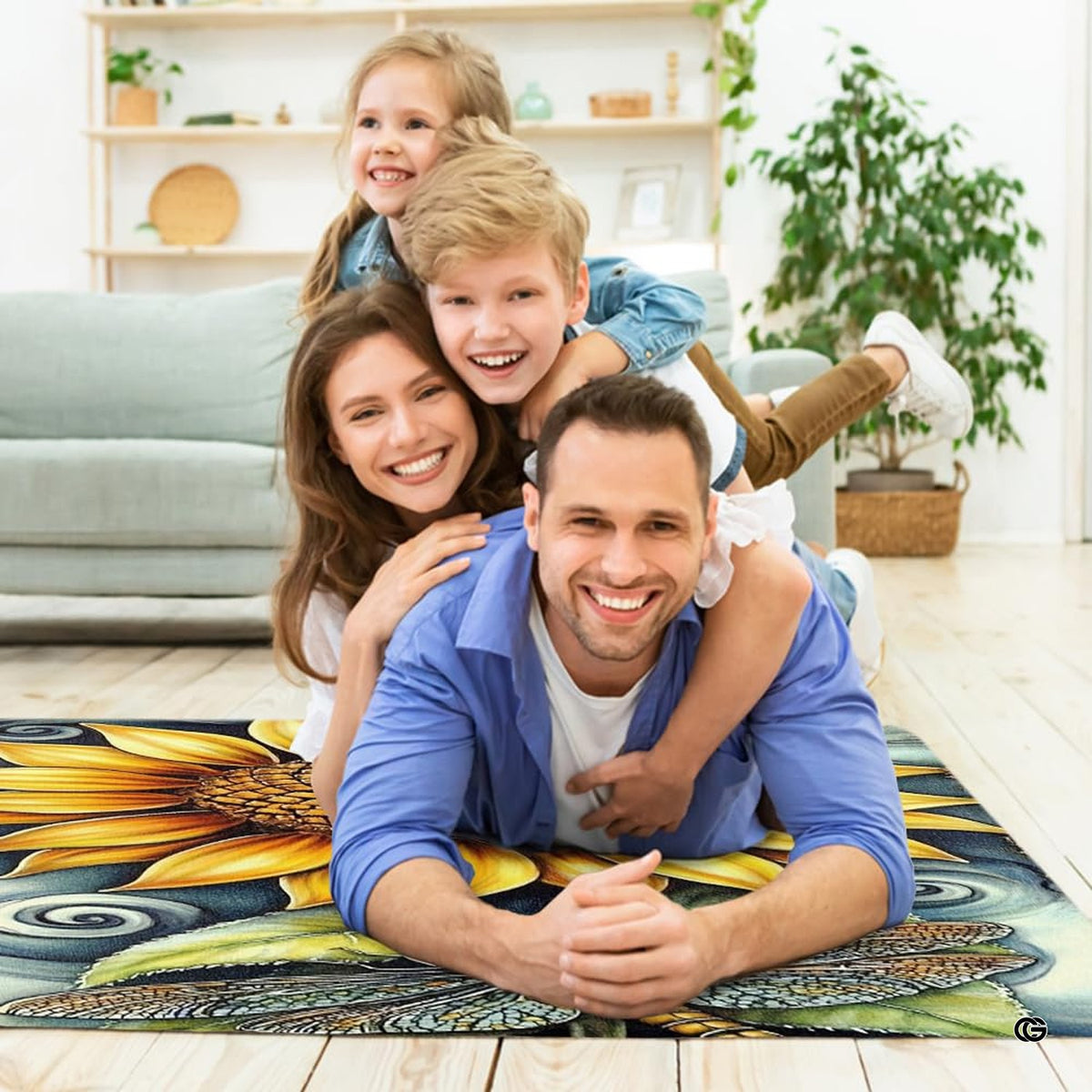 Lifestyle living room scene featuring family lounging on dragonfly sunflower area rug.