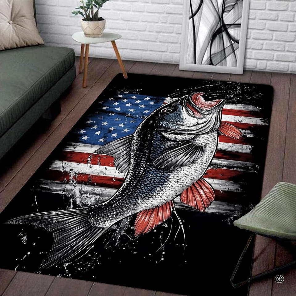 Bass fishing rug with leaping bass fish and distressed American flag artwork.