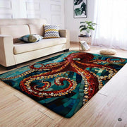 Corner angle displaying rich navy and cyan mosaic borders of octopus area rug. - thumbnail image 6 of 7