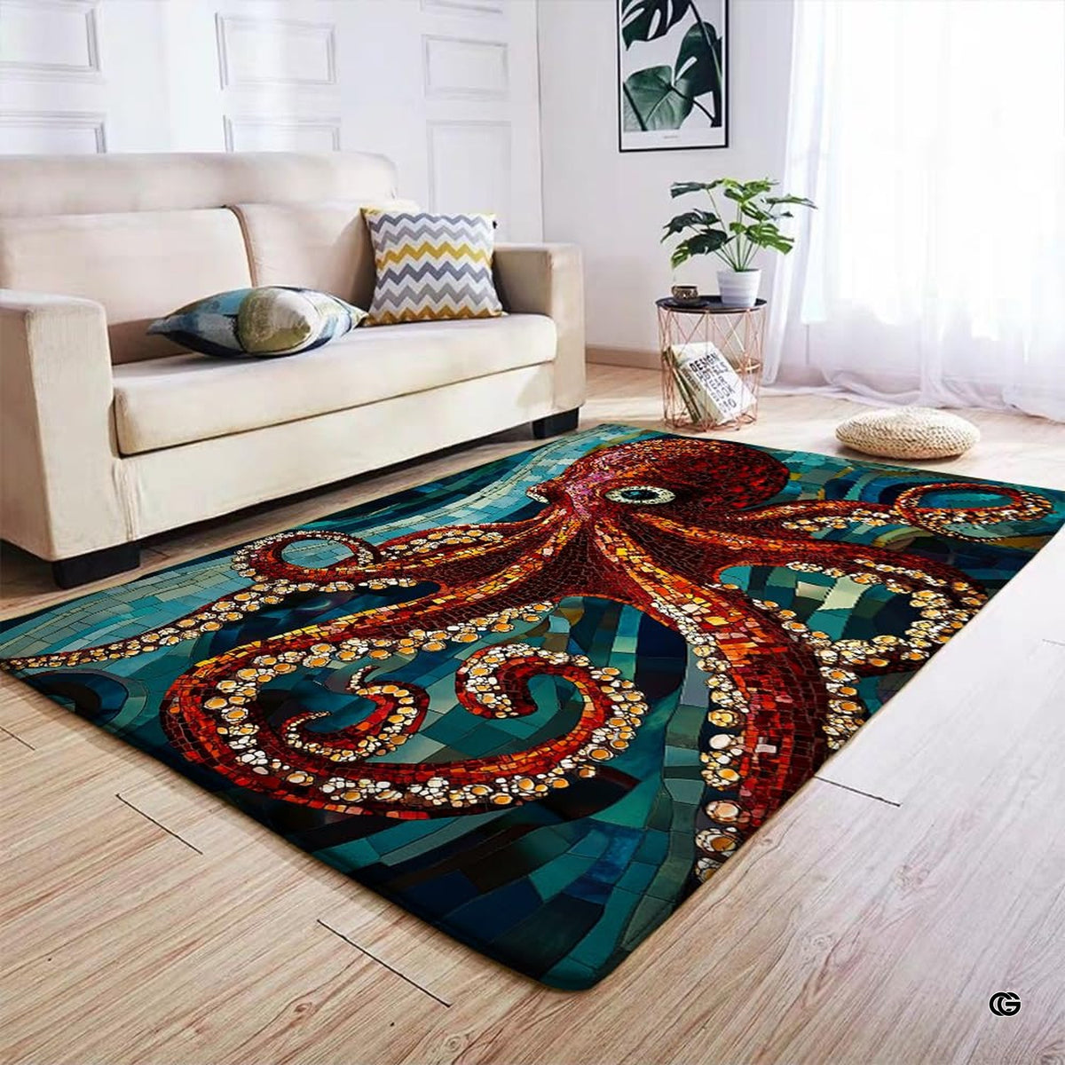 Corner angle displaying rich navy and cyan mosaic borders of octopus area rug. - image 6 of 7