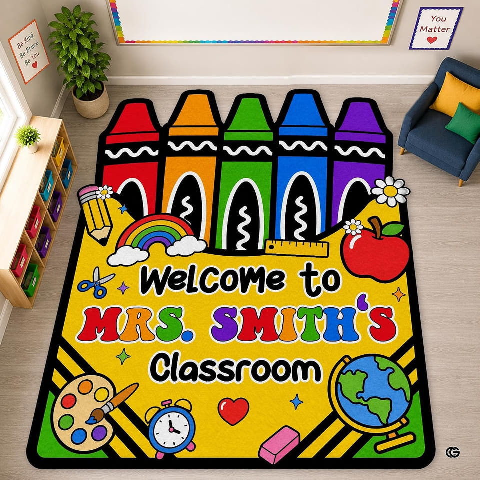 Preschool setting showing colorful crayons school supplies area rug on light wood flooring