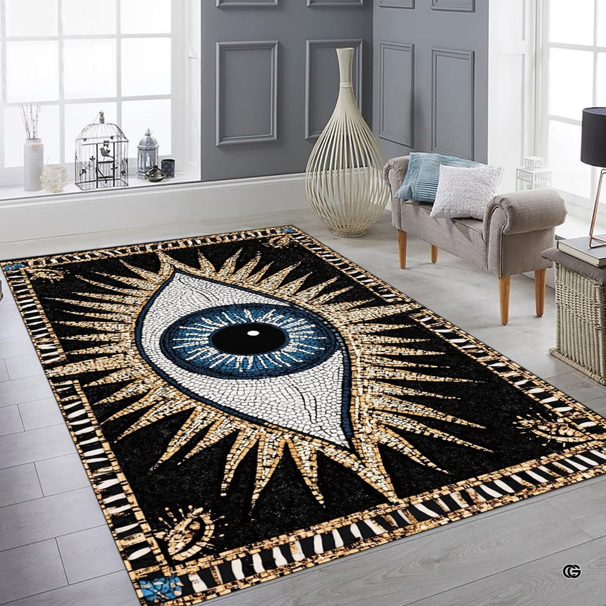 Detailed artistic view of the ornate talisman corner emblems framing the evil eye rug round aesthetic.