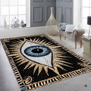 Detailed artistic view of the ornate talisman corner emblems framing the evil eye rug round aesthetic. - thumbnail image 6 of 8