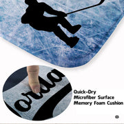 Detailed view of crossed hockey sticks and puck artwork on the icy textured area rug. - thumbnail image 3 of 7