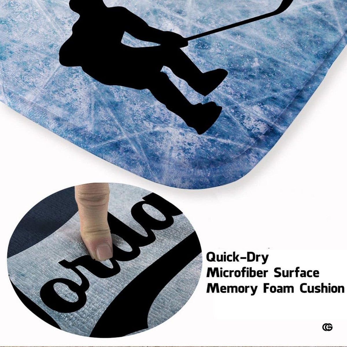 Detailed view of crossed hockey sticks and puck artwork on the icy textured area rug. - image 3 of 7