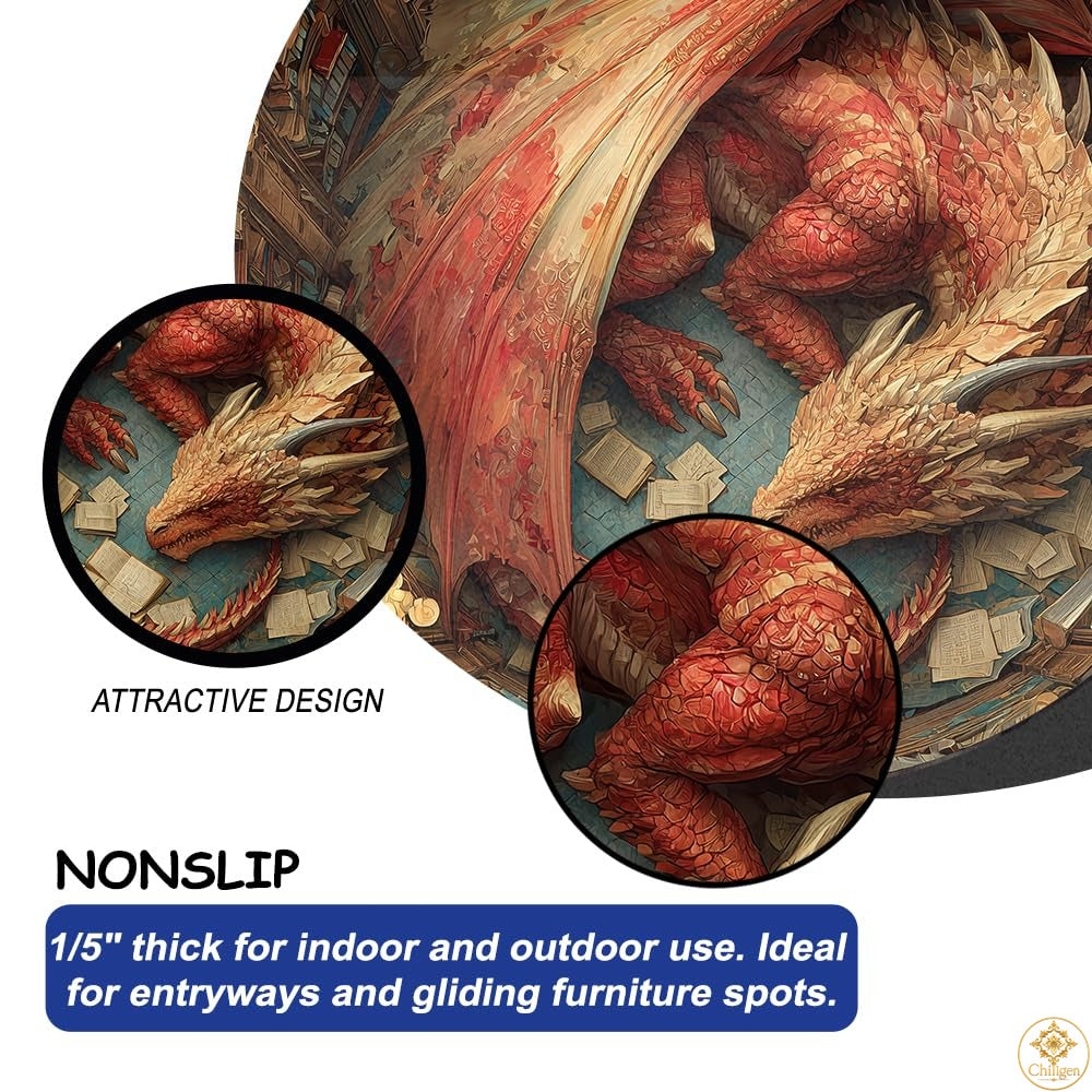 Personalized Dragon Round Rug with 3D Illusion and Low Pile