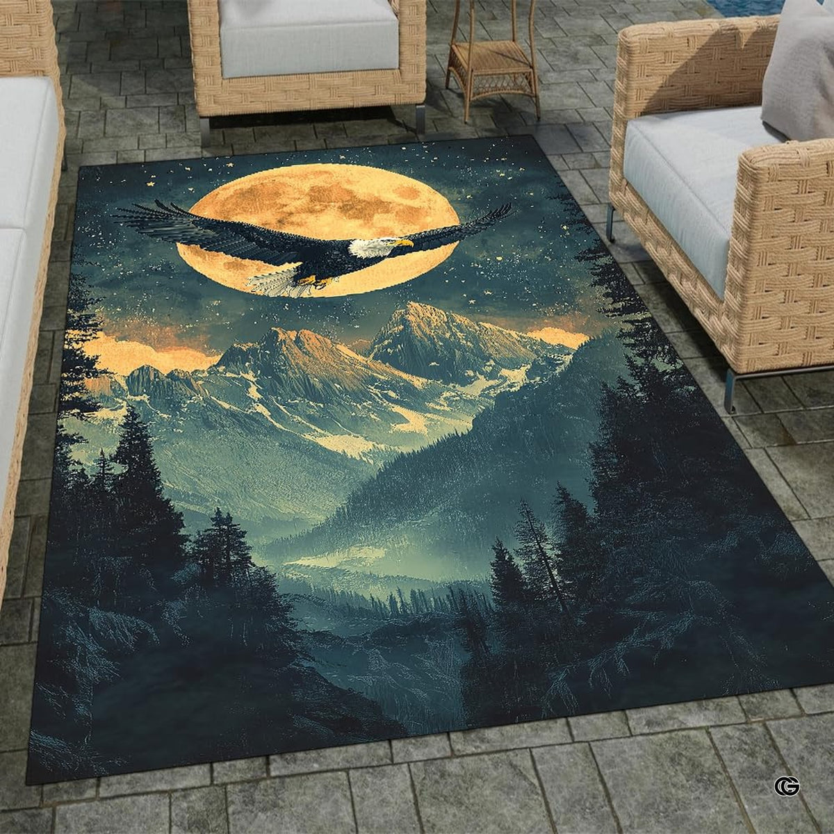 Soaring bald eagle area rug featuring moonlit snow mountain peaks and deep pine forest valley artwork. - image 1 of 7