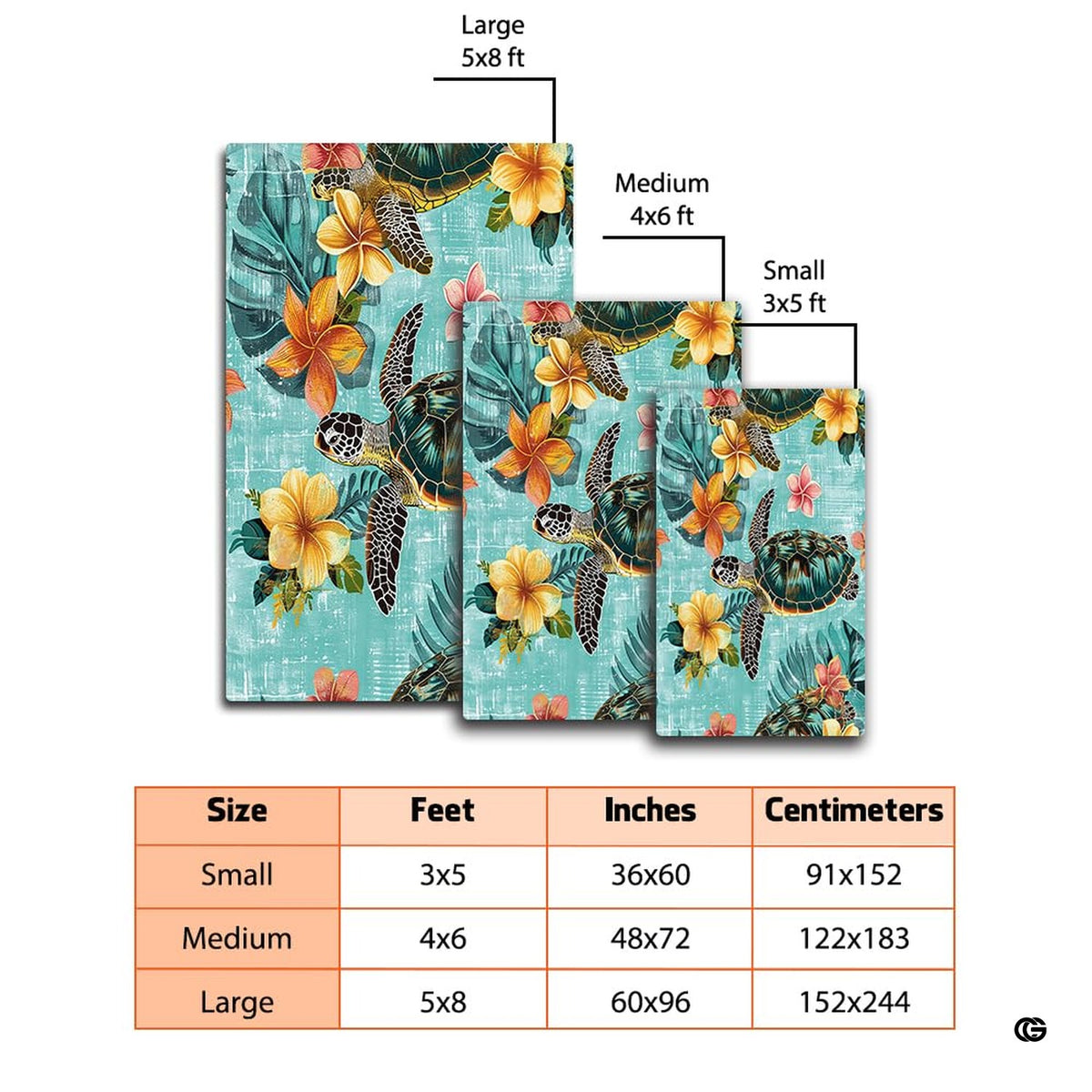 Dimension chart displaying size options for hibiscus sea turtle area rug. - image 2 of 7