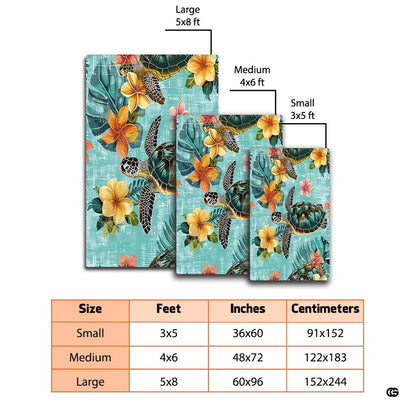 Dimension chart displaying size options for hibiscus sea turtle area rug. - thumbnail image 2 of 7