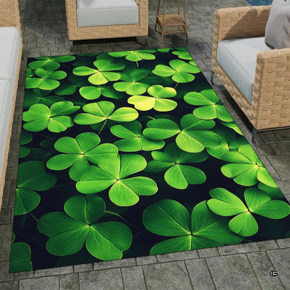 Home lounge setup displaying the vibrant green shamrock pattern floor carpet - thumbnail image 7 of 8