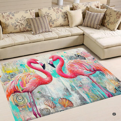 Coastal seashell pink flamingo pair living room area rug in front of a sectional sofa - thumbnail image 1 of 7