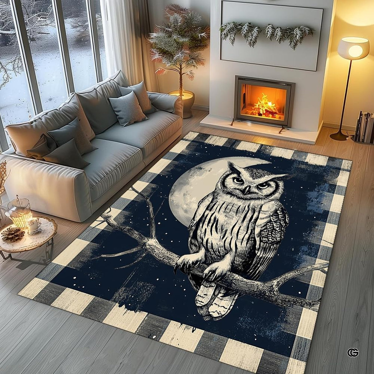 Rustic plaid owl wildlife floor rug placed in peaceful bedroom setting - image 7 of 8