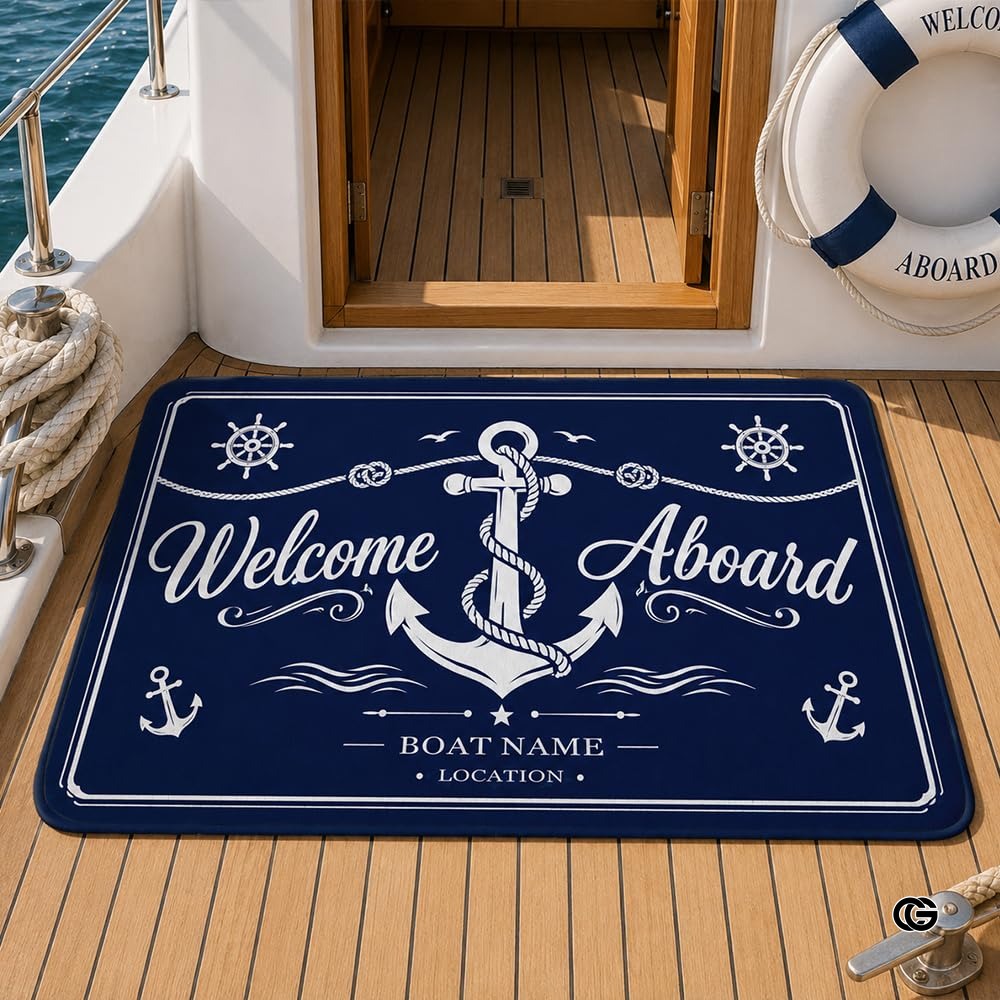 Custom Boat Rug, Personalized Welcome Aboard Mat with Boat Name, Nautical Area Rug for Deck, Entryway or Floor, Anchor Marine Decor, Boating Gift (Boat Rug 07)