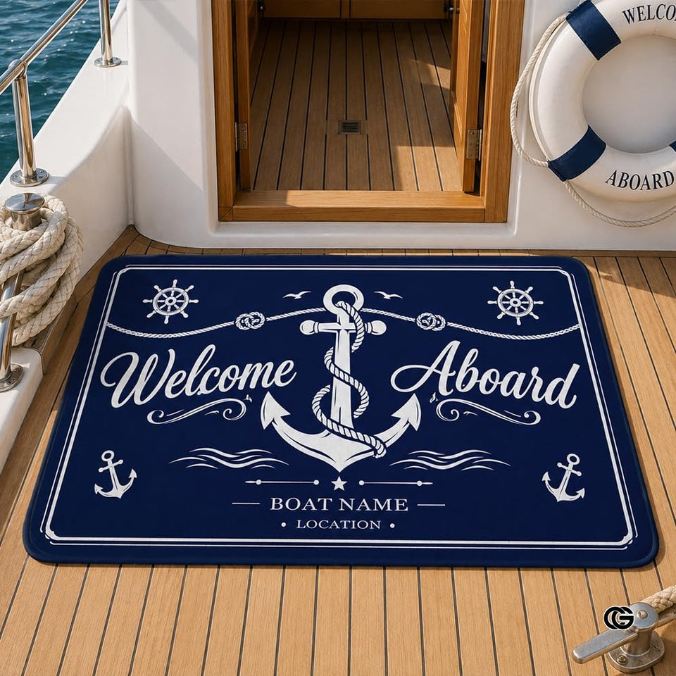 Custom Boat Rug, Personalized Welcome Aboard Mat with Boat Name, Nautical Area Rug for Deck, Entryway or Floor, Anchor Marine Decor, Boating Gift (Boat Rug 07)