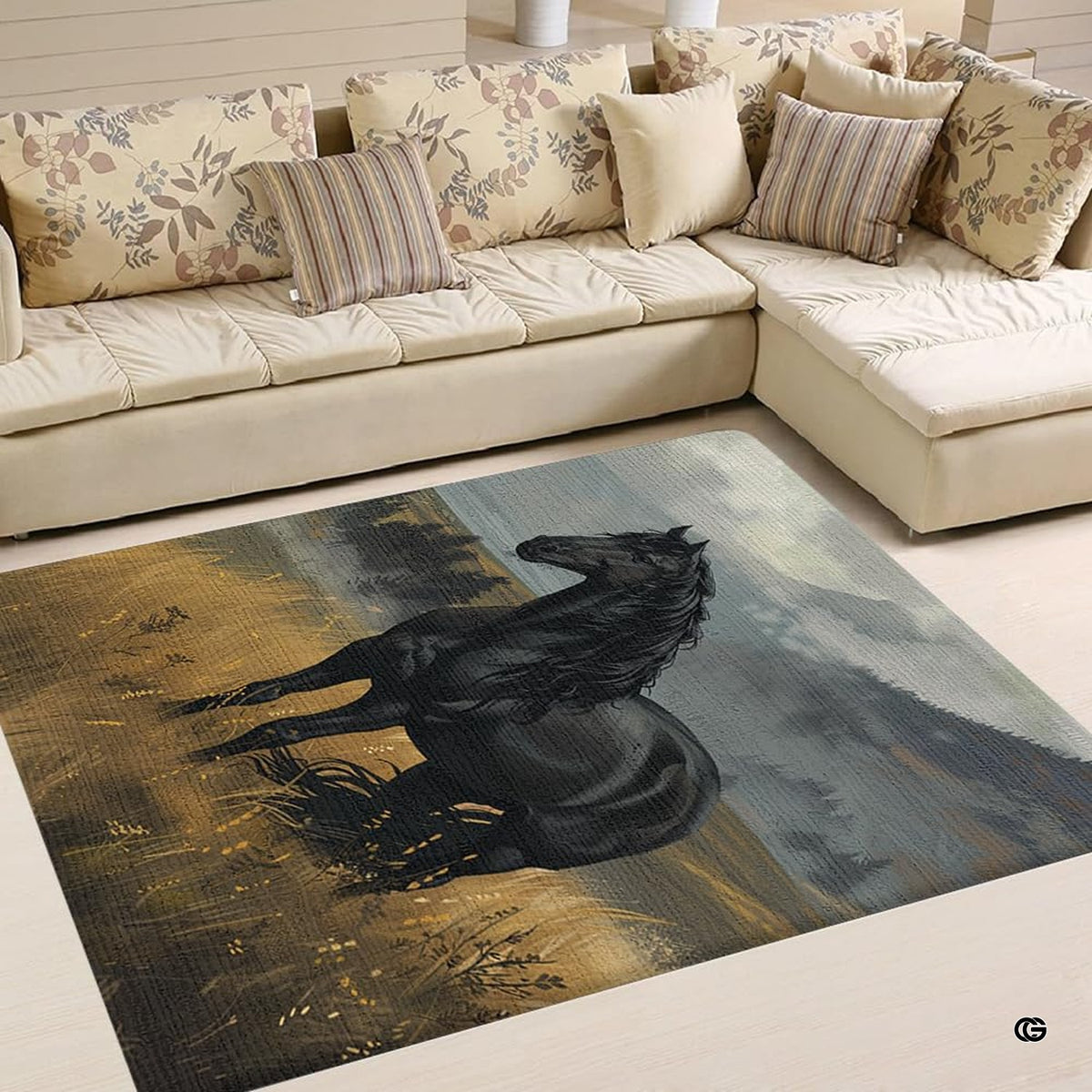 Overhead view of equestrian black horse rug with moody sky and mountain landscape art.
