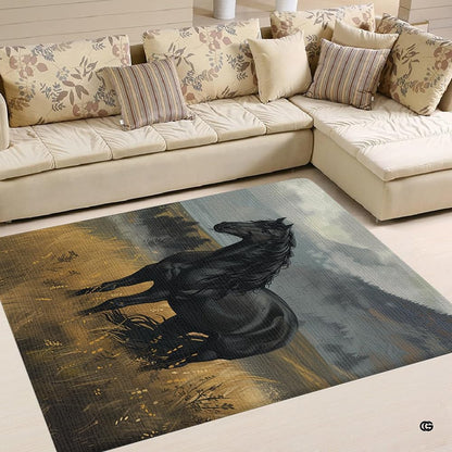 Overhead view of equestrian black horse rug with moody sky and mountain landscape art. - thumbnail image 2 of 5