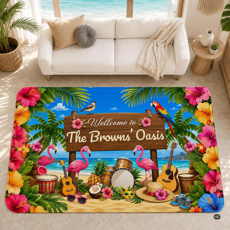 Personalized Tropical Beach Rug, Custom Family Name Tropical Outdoor Rug, Flamingo Surfboard Ocean Area Rug for Living Room, Patio, Beach House Decor, Design 02