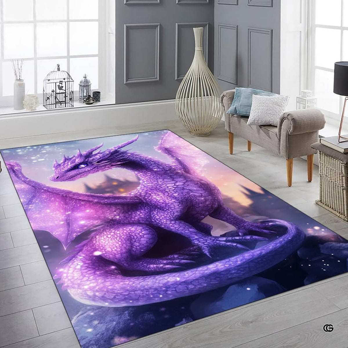 Cozy bedroom setting with the purple dragon area rug placed beside a wooden bed frame - image 6 of 7