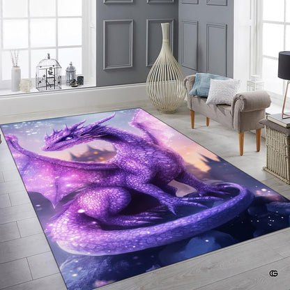 Cozy bedroom setting with the purple dragon area rug placed beside a wooden bed frame - thumbnail image 6 of 7