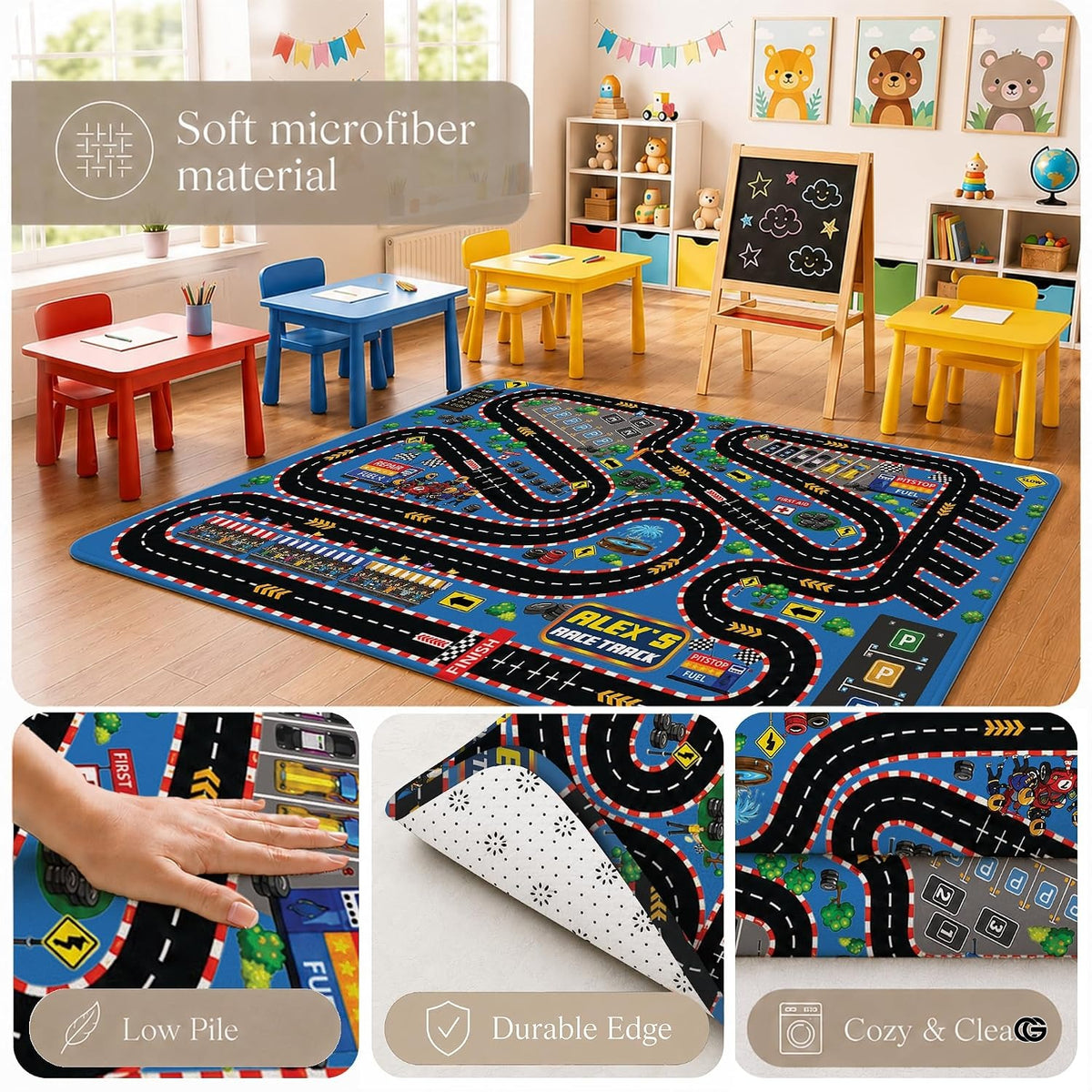 Full view of winding raceway speedway pattern across themed playroom area rug - image 9 of 9