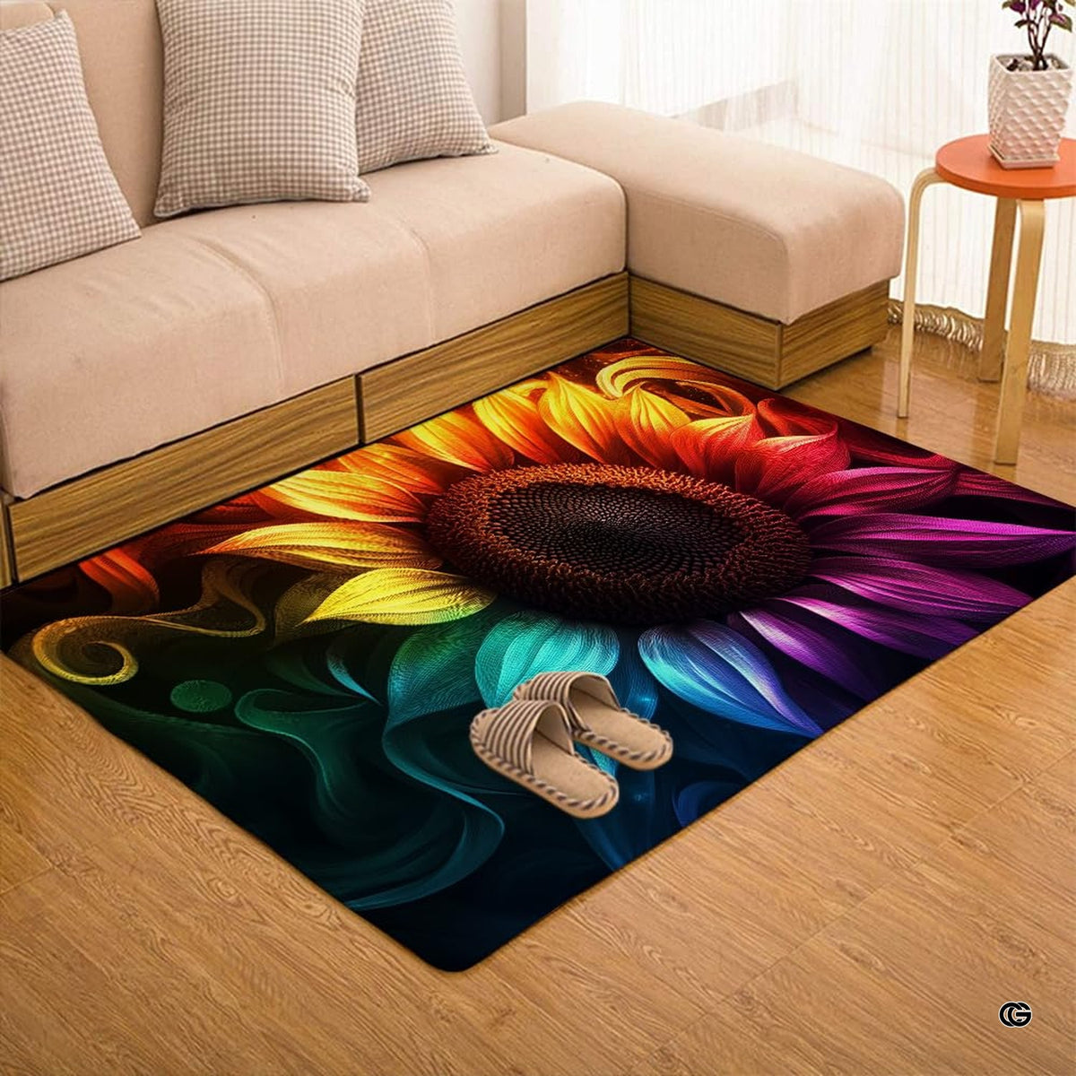 Overhead flat view of rectangular rainbow spectrum sunflower area rug