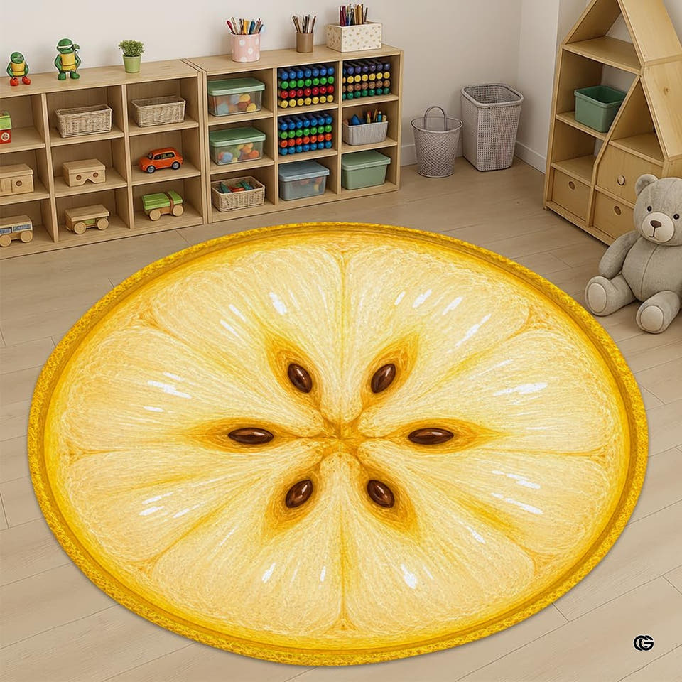 Round lemon slice rug in a bright nursery