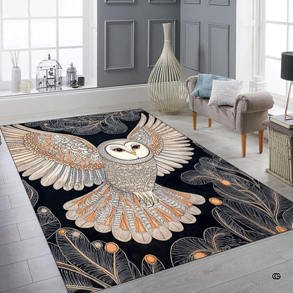 Full layout display of the barn owl rug showcasing intricate avian wildlife design and gold accents. - thumbnail image 8 of 8